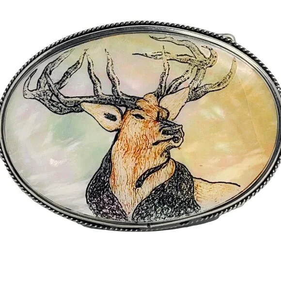 Vintage Stainless Steel With Etched Buck on Abalone Shell Western Belt Buckle (5 - Picture 2 of 4